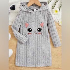 NWOT Girls Kids Rib Knit Soft Cat Hooded Dress PJs Knee Lng Sz 8-10 Heather Gray